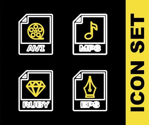 Set line MP3 file document, EPS, RUBY and AVI icon. Vector Illustrazione stock