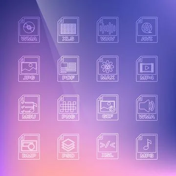 Set line MP3 file document, WMA, MP4, WAV, PDF, JPG, and MAX icon. Vector 库存插图