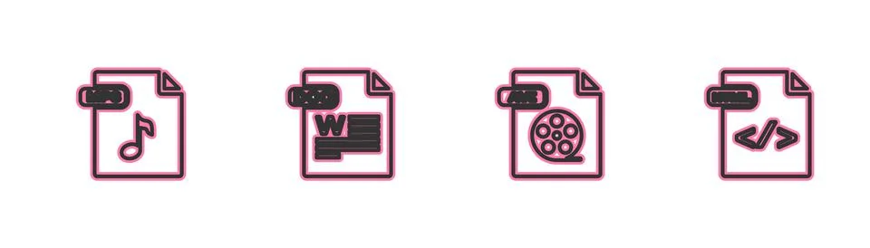 Set line MP3 file document, AVI, DOC and HTML icon. Vector 库存插图