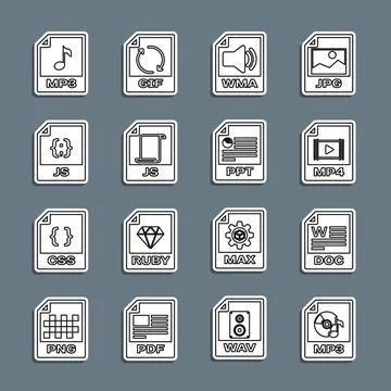 Set line MP3 file document, DOC, MP4, WMA, JS, and PPT icon. Vector Stock Illustration