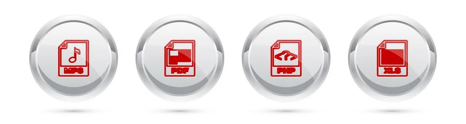 Set line MP3 file document, PDF, PHP and XLS. Silver circle button. Vector Stock Illustration