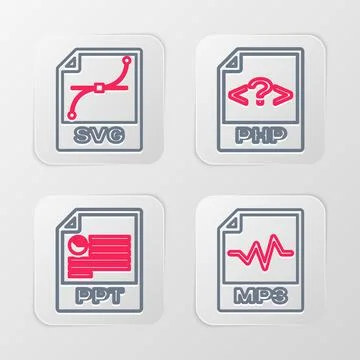 Set line MP3 file document, PPT, PHP and SVG icon. Vector Stockillustratie