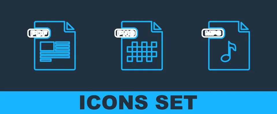 Set line MP3 file document, PDF and PNG icon. Vector Illustrazione stock