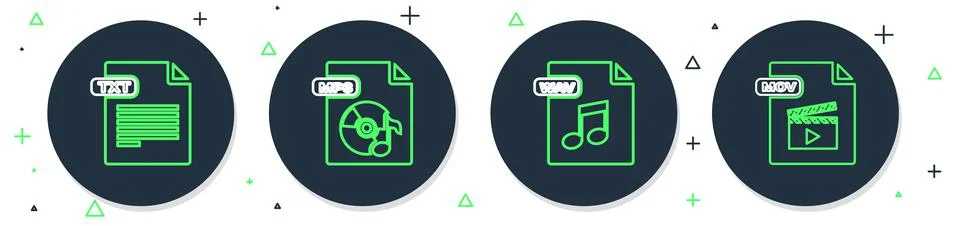 Set line MP3 file document, WAV, TXT and MOV icon. Vector 库存插图
