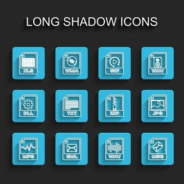 Set line MP3 file document, EML, XLS, WAV, MSG, TXT, JPG and ZIP icon. Vector Stockillustratie