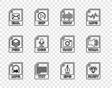 Set line MP3 file document, RUBY, WAV, TXT, EML, OGG, EPS and WMA icon. Vecto イラスト素材