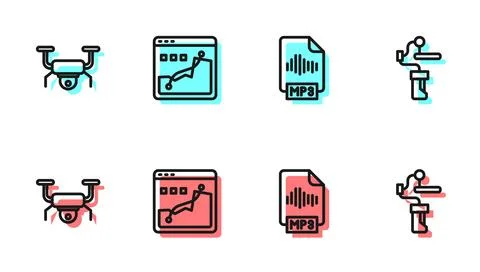 Set line MP3 file document, Drone flying, Histogram graph photography and Gimbal Stock Illustration
