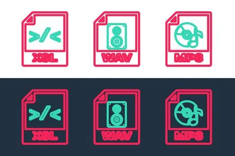 Set line MP3 file document, XSL and WAV icon. Vector Stock Illustration