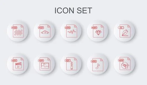 Set line MP3 file document, MOV, PNG, PHP, TIFF and ZIP icon. Vector Illustration