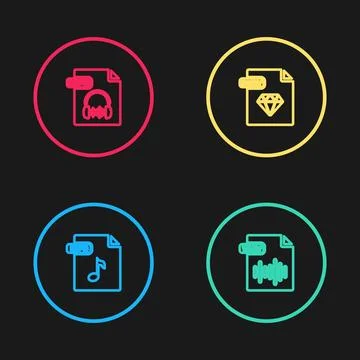 Set line MP3 file document, WAV, RUBY and icon. Vector Illustrazione stock