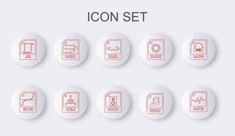 Set line MP3 file document, SVG, XML, WAV, JS, M3U, OBJ and icon. Vector Stockillustratie