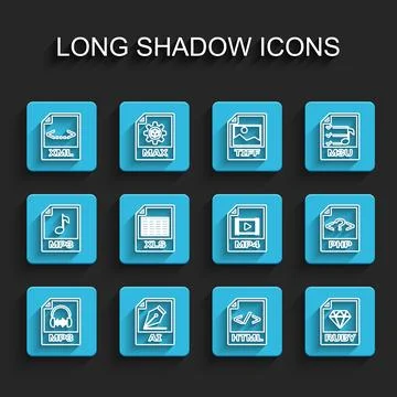 Set line MP3 file document, AI, XML, HTML, RUBY, XLS, PHP and MP4 icon. Vector イラスト素材