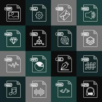 Set line MP3 file document, PNG, PSD, MSG, OBJ, RUBY, TIFF and AVI icon. Vect Illustrazione stock