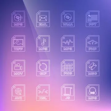 Set line MP3 file document, MSG, PHP, WMA, TIFF,  and  icon. Vector Illustrazione stock