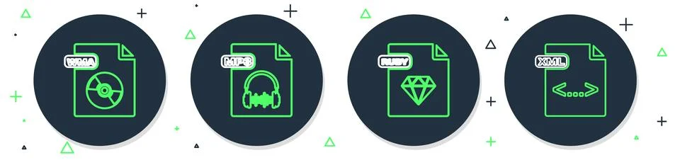 Set line MP3 file document, RUBY, WMA and XML icon. Vector Stock Illustration