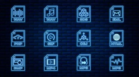 Set line MP3 file document, HTML, 3DS, GIF, PHP, WAV, OBJ and  icon. Vector イラスト素材