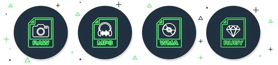 Set line MP3 file document, WMA, RAW and RUBY icon. Vector イラスト素材
