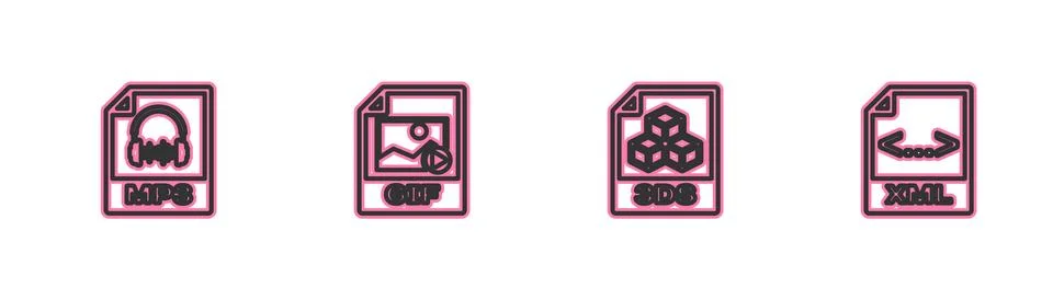 Set line MP3 file document, 3DS, GIF and XML icon. Vector Illustrazione stock