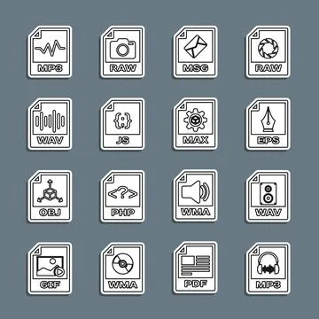 Set line MP3 file document, WAV, EPS, MSG, JS,  and MAX icon. Vector Illustrazione stock