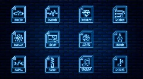 Set line MP3 file document, EPS, RUBY, GIF, MAX, PHP, AVI and  icon. Vector Stock Illustration