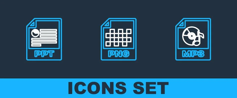 Set line MP3 file document, PPT and PNG icon. Vector 库存插图