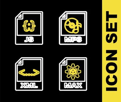 Set line MP3 file document, MAX, XML and JS icon. Vector Illustrazione stock