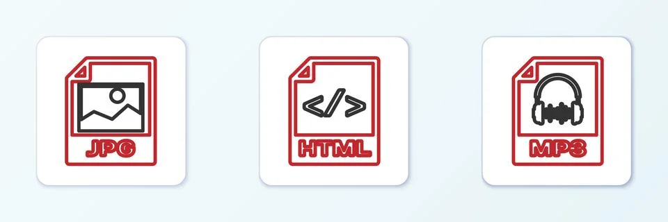 Set line MP3 file document, JPG and HTML icon. Vector Stockillustratie