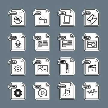 Set line MP3 file document, MOV, BMP, JS, DOC, OGG, WMA and PDF icon. Vector Stock Illustration