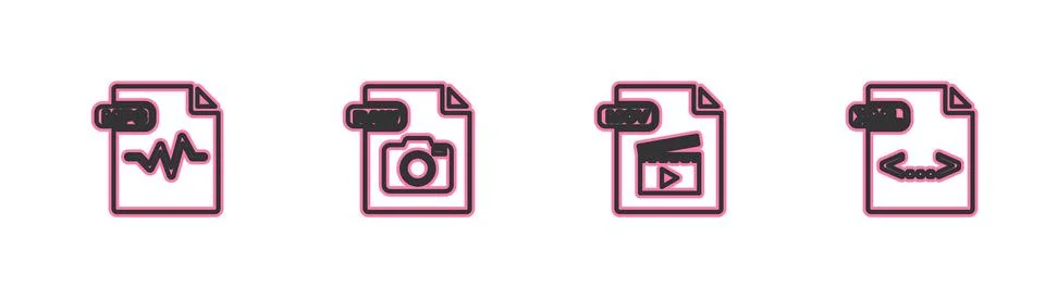 Set line MP3 file document, MOV, RAW and XML icon. Vector Illustrazione stock