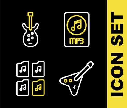 Set line MP3 file document, Electric bass guitar, Music and  icon. Vector Ilustração Stock