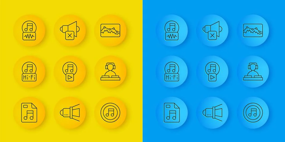 Set line MP3 file document, Music note, tone, Play in square, DJ playing mu.. Stock Illustration