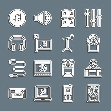 Set line MP3 file document, DJ playing music, Man headphones, Music, festiv.. Stock Illustration