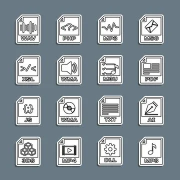 Set line MP3 file document, AI, PDF, WMA, XSL, WAV and M3U icon. Vector Stock Illustration
