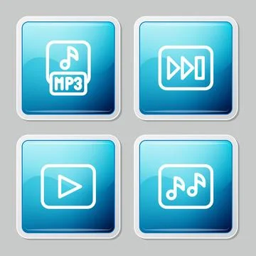 Set line MP3 file, Fast forward, Play button and Music note, tone icon. Vecto Stock Illustration
