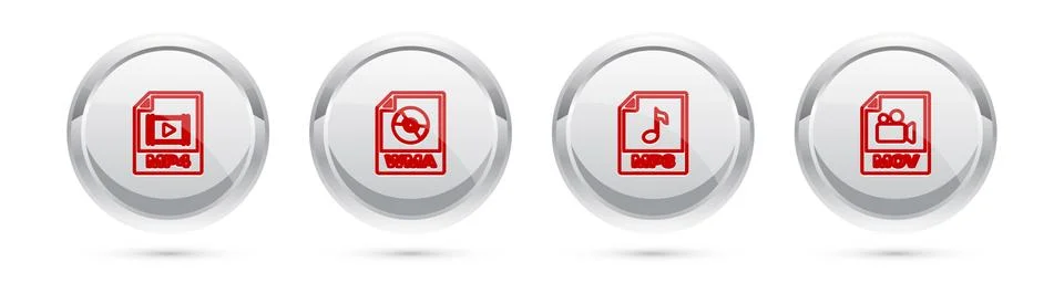 Set line MP4 file document, WMA, MP3 and MOV. Silver circle button. Vector Illustrazione stock