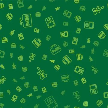 Set line MP4 file document, Electric bass guitar and Music player on seamless Ilustração Stock