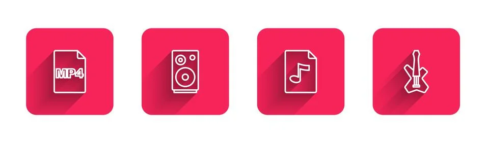 Set line MP4 file document, Stereo speaker, MP3 and Electric bass guitar with Ilustração Stock