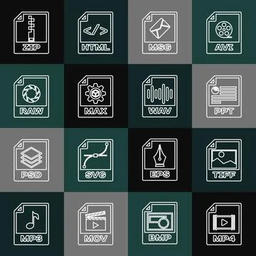 Set line MP4 file document, TIFF, PPT, MSG, MAX, RAW, ZIP and WAV icon. Vector Illustrazione stock