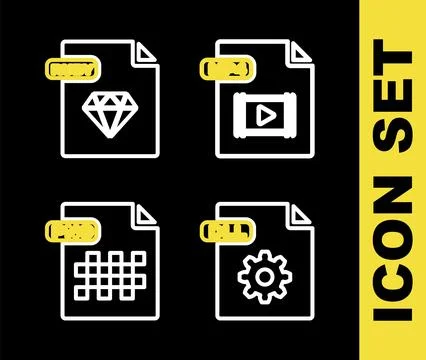 Set line MP4 file document, DLL, PNG and RUBY icon. Vector Stock Illustration