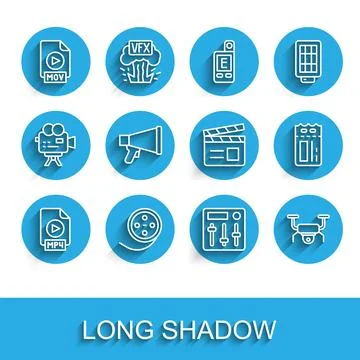 Set line MP4 file document, Film reel, MOV, Sound mixer controller, Drone flying Stock Illustration
