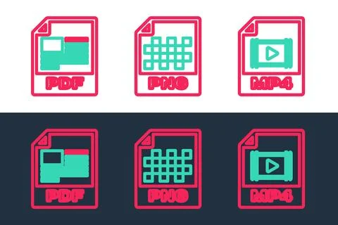 Set line MP4 file document, PDF and PNG icon. Vector Illustrazione stock