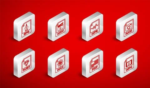 Set line MP4 file document, MOV, MP3, RAW, PDF, EPS, MAX and RUBY icon. Vecto Stock Illustration