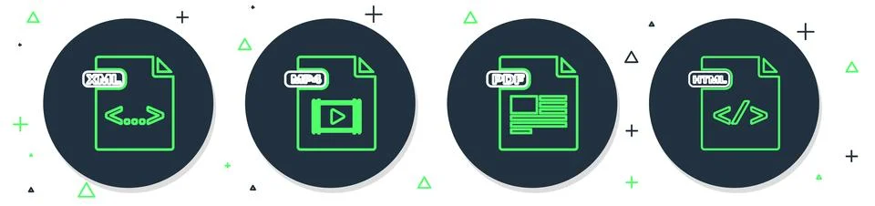 Set line MP4 file document, PDF, XML and HTML icon. Vector Stock Illustration