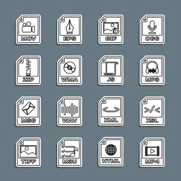 Set line MP4 file document, XSL, MP3, GIF, WMA, ZIP, MOV and JS icon. Vector イラスト素材