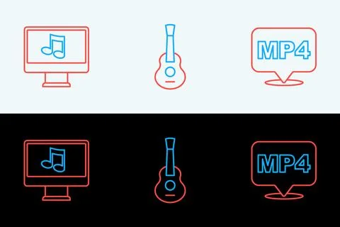 Set line MP4 file document, Computer with music note and Guitar icon. Vector Stock Illustration