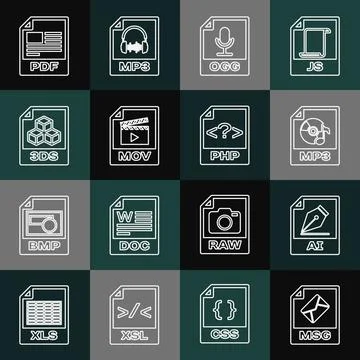 Set line MSG file document, AI, MP3, OGG, MOV, 3DS, PDF and PHP icon. Vector イラスト素材