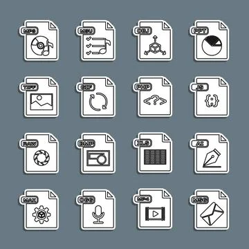 Set line MSG file document, AI, JS, OBJ, GIF, TIFF, MP3 and PHP icon. Vector イラスト素材