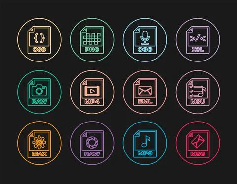 Set line MSG file document, M3U, OGG, MP4, RAW, CSS, EML and PNG icon. Vector Stock Illustration