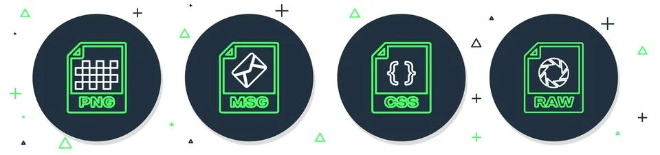 Set line MSG file document, CSS, PNG and RAW icon. Vector Stock Illustration