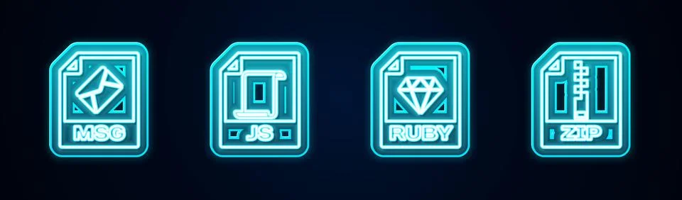 Set line MSG file document, JS, RUBY and ZIP. Glowing neon icon. Vector Illustrazione stock